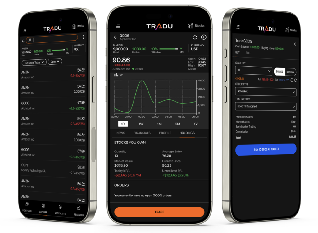 Tradu trading platform, mobile interface, in partnership with Adaptive